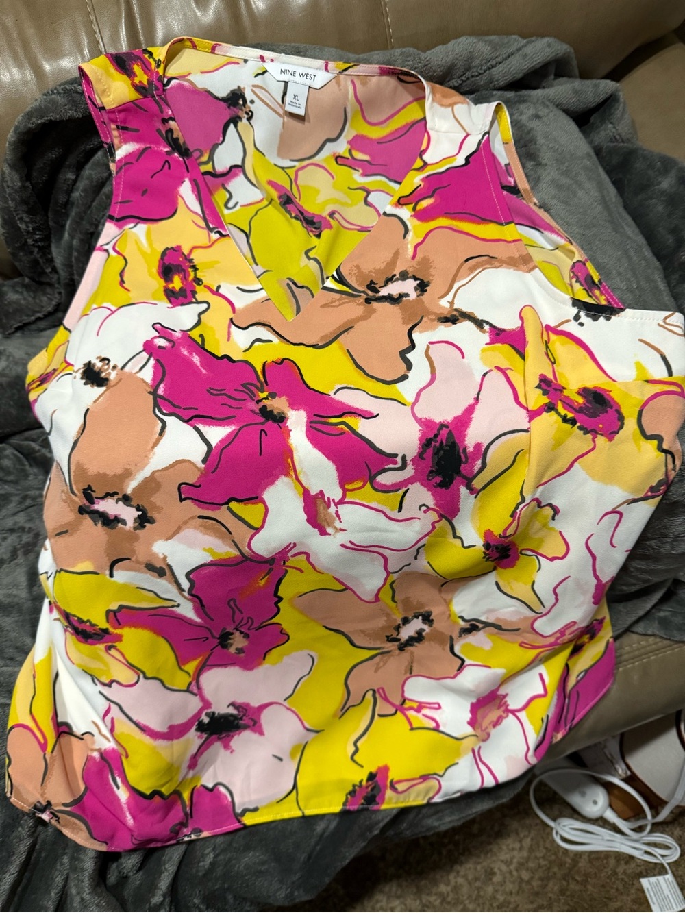 Nine West Womens Pink Yellow Floral Sleeveless Top
